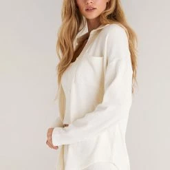 Z Supply Lounge Z Lounge Button Up Rib Long Sleeve Top ZLT223381