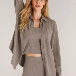 Z Supply Lounge Z Lounge Button Up Rib Long Sleeve Top ZLT223381
