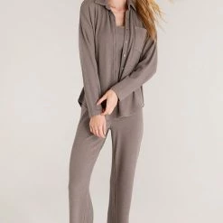 Z Supply Lounge Z Lounge Button Up Rib Long Sleeve Top ZLT223381