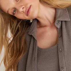 Z Supply Lounge Z Lounge Button Up Rib Long Sleeve Top ZLT223381