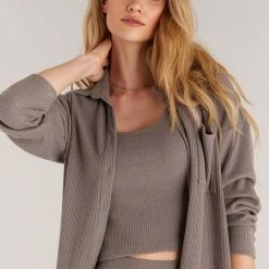 Z Supply Lounge Z Lounge Button Up Rib Long Sleeve Top ZLT223381